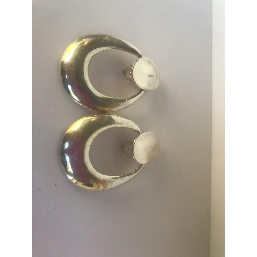 Earrings 1980's look silver tone clip‎ on round circles Dangle Two Tier Chunky